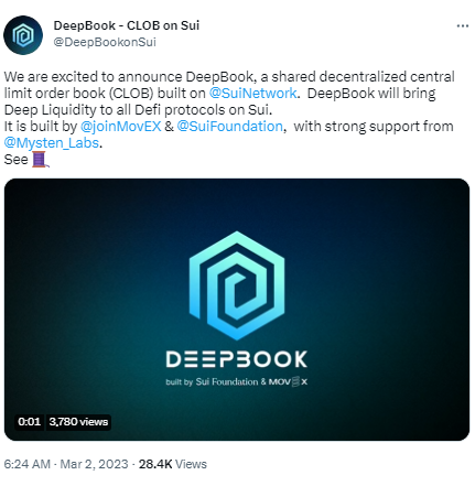 MovEX和Sui基金會將合作構建基於Sui的DEX DeepBook