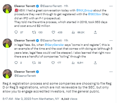 福克斯記者:SEC註冊對加密公司來說成本很高,如INX花費了約200萬美元的法律費用