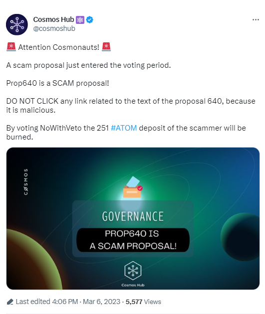 “ATOM空投”提案系騙局，Cosmos Hub呼籲投反對票以銷毀詐騙者所持ATOM