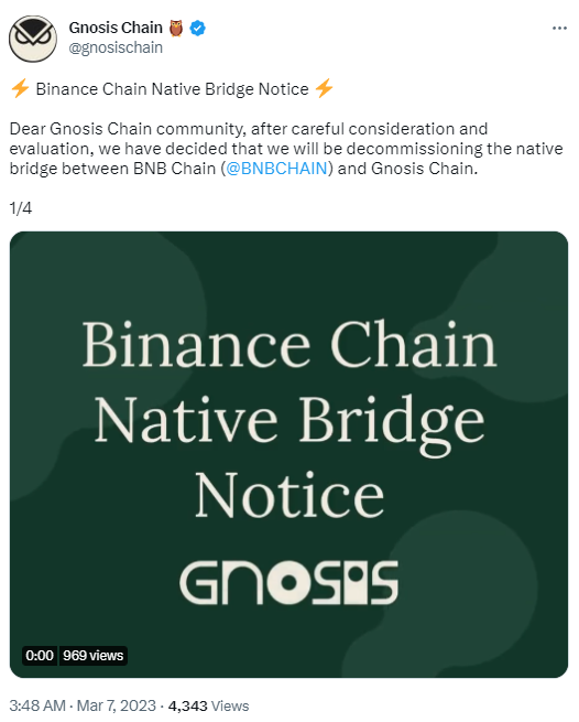 Gnosis Chain将于6月5日正式停用BNB Chain和Gnosis Chain间的原生桥