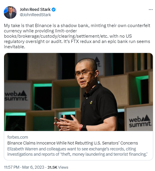 美国SEC前官员：币安是一家影子银行，大规模银行挤兑似乎不可避免