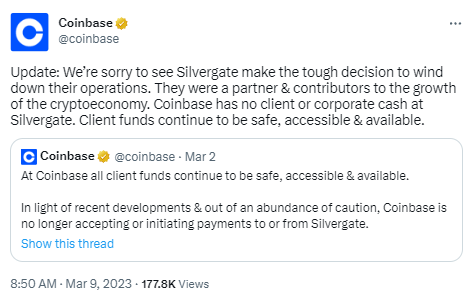 Coinbase：在Silvergate上沒有客戶或公司現金