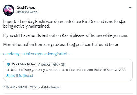 SushiSwap：借贷产品Kashi去年12月已被弃用，请用户尽快取款