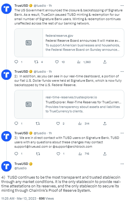 TrueUSD：部分美元资金存放在Signature Bank
