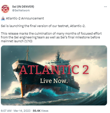 Sei Network即將啟動測試網最終版本Atlantic-2