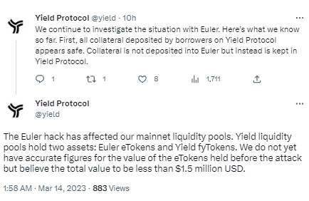Yield Protocol：受Euler黑客攻擊影響的資產預計低於150萬美元