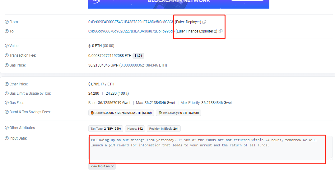 Euler：黑客若不及时还90%资金，将悬赏100万美元征集线索