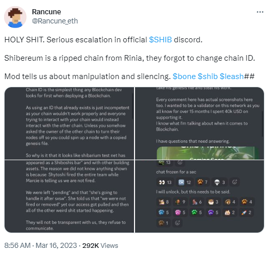 推特用户：Shibarium涉嫌抄袭Rinia，团队已解锁500万美元的BONE