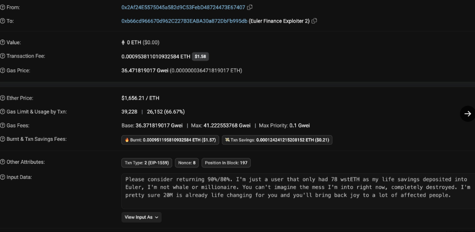 0xscope：Euler黑客在链上收到某用户请求后向其发送了100枚ETH