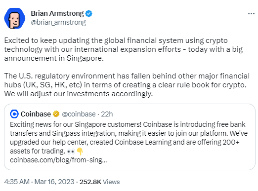 Coinbase CEO：因美国监管环境落后于其他金融中心，将相应调整投资