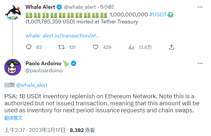 Tether今日凌晨在ETH链上铸造10亿枚USDT