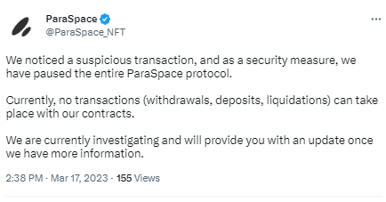 NFT借贷协议ParaSpace疑似遭遇攻击，项目团队已暂停该协议