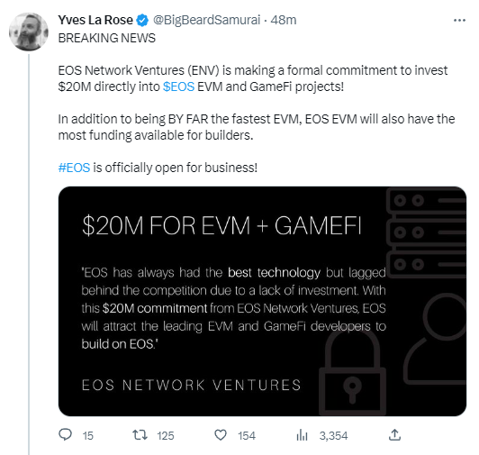 EOS Network Ventures承诺向EOS EVM和GameFi项目投资2000万美元