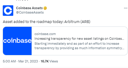 Coinbase将Arbitrum（ARB）列入上币路线图