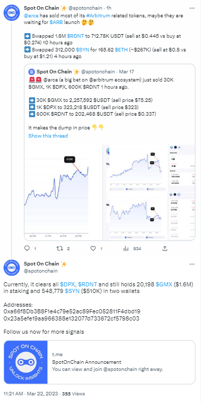 Arca已清仓DPX和RDNT等Arbitrum生态代币，仍持有GMX和SYN