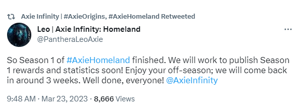Axie Infinity的Homeland Season 1已结束，新赛季将在3周左右上线