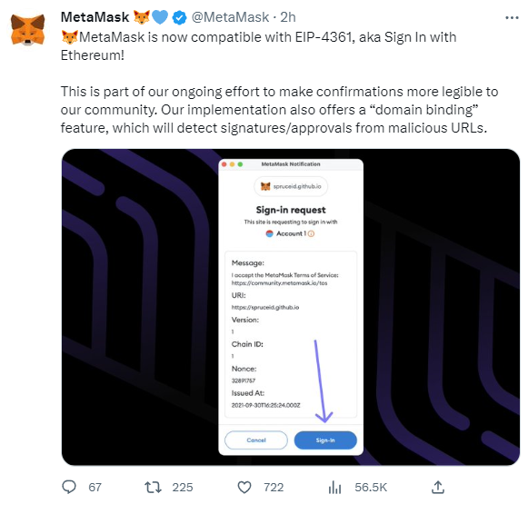 MetaMask已與EIP-4361兼容可支持以太坊登錄，並推出‘域名綁定’功能