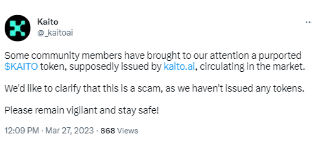 Kaito：尚未发行代币，请警惕KAITO代币相关骗局