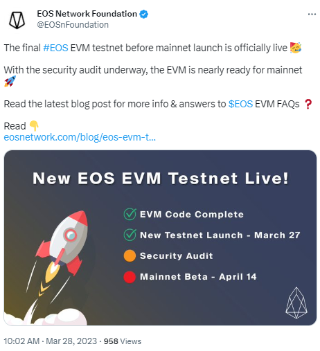 EOS EVM最终测试网已上线