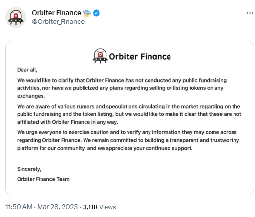 Orbiter Finance：未进行公开募资活动，且未公布任何上币计划