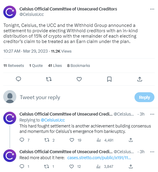 Celsius与债权人及扣留账户储户达成和解协议，尚待法院批准