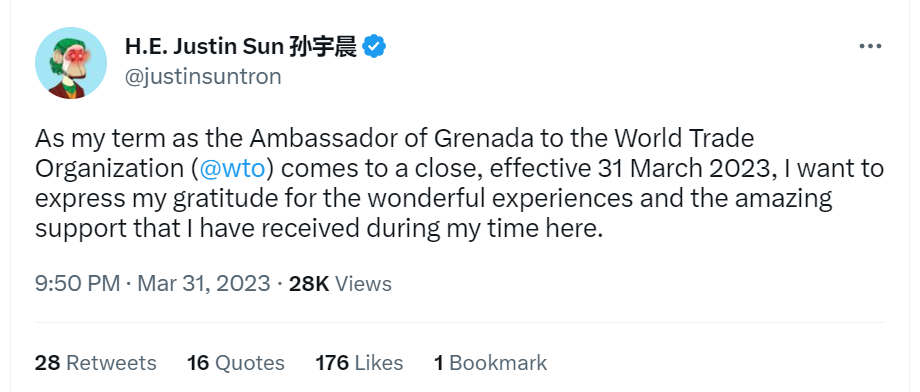 孫宇晨：格林納達駐WTO大使的任期於3月31日結束