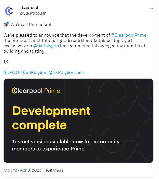 Clearpool已完成其机构借贷平台Clearpool Prime的开发