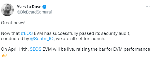 EOS EVM已完成安全審計，將如期推出主網Beta版