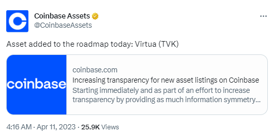 Coinbase将Virtua (TVK)列入上币路线图