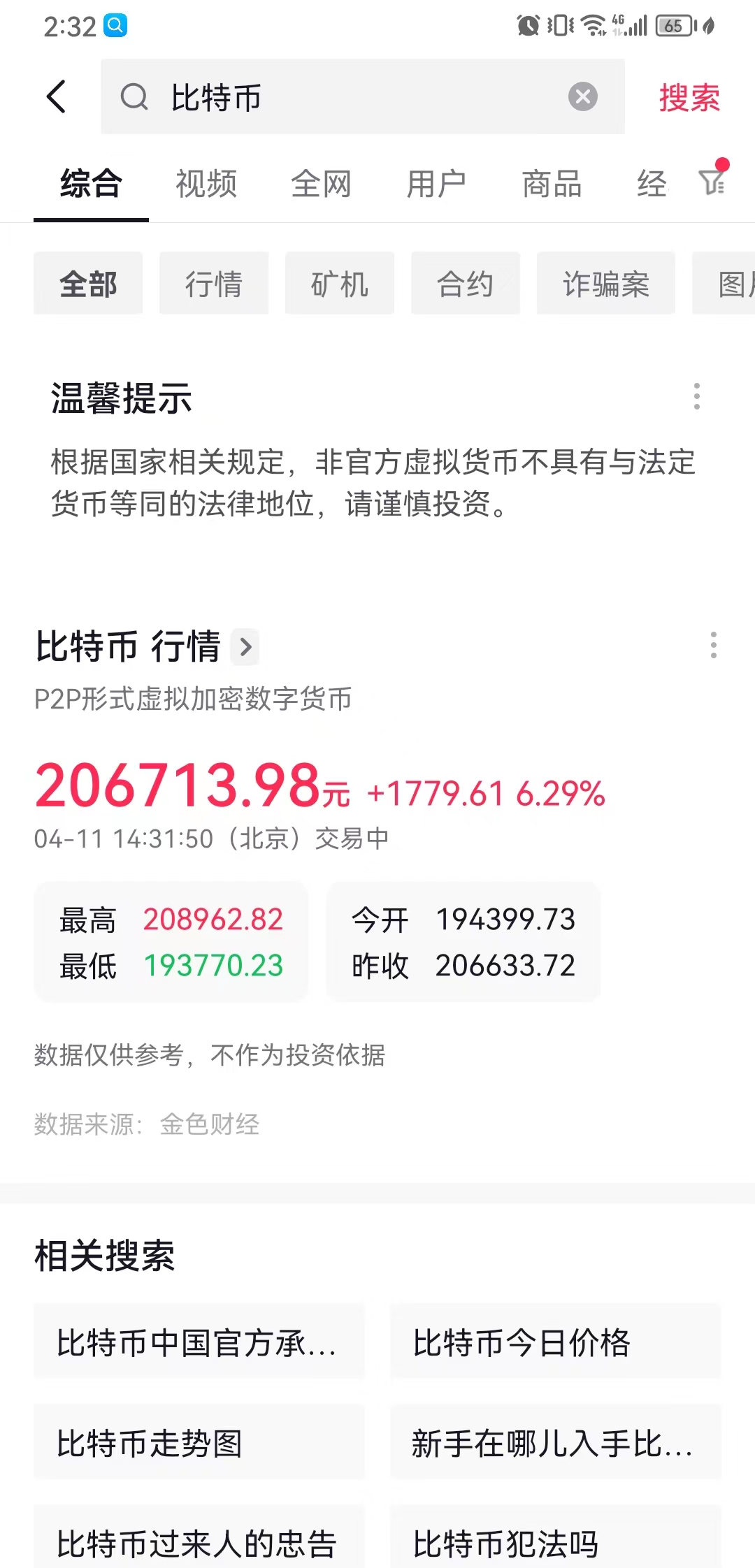 抖音“比特币”搜索页面新增风险提示