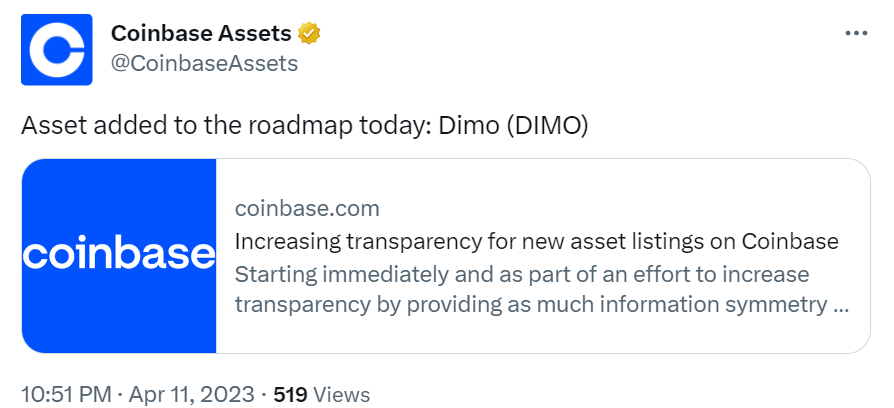 Coinbase将Dimo (DIMO)列入上币路线图