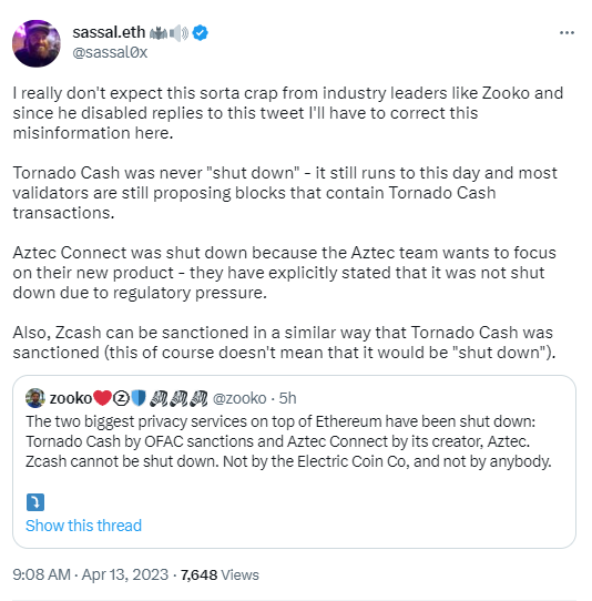 EthHub联创驳斥Zcash创始人：Tornado Cash从未关闭，Zcash也有被制裁的可能性