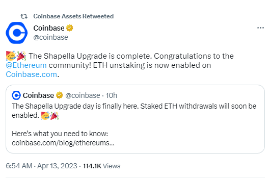 Coinbase已啟用ETH解除質押功能