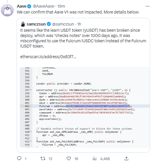 Aave确认Aave V1亦未受Yearn攻击事件影响