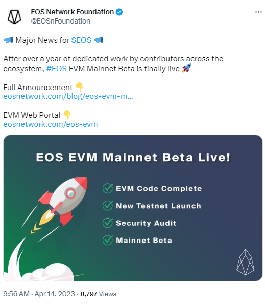 EOS EVM主网Beta版已上线，并为EOS网络引入新销毁机制