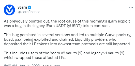 Yearn：yUSDT代币合约中漏洞存在于多个版本，下游协议的流动性提供者仍受影响