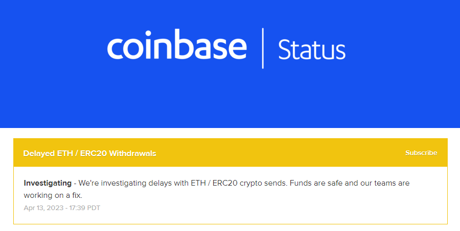 Coinbase出现ETH/ERC20代币发送延迟，官方正在解决