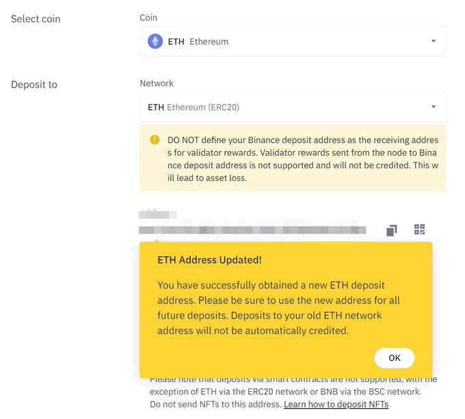 币安已更新用户ETH存款地址，不要使用旧地址否则资产可能会丢失