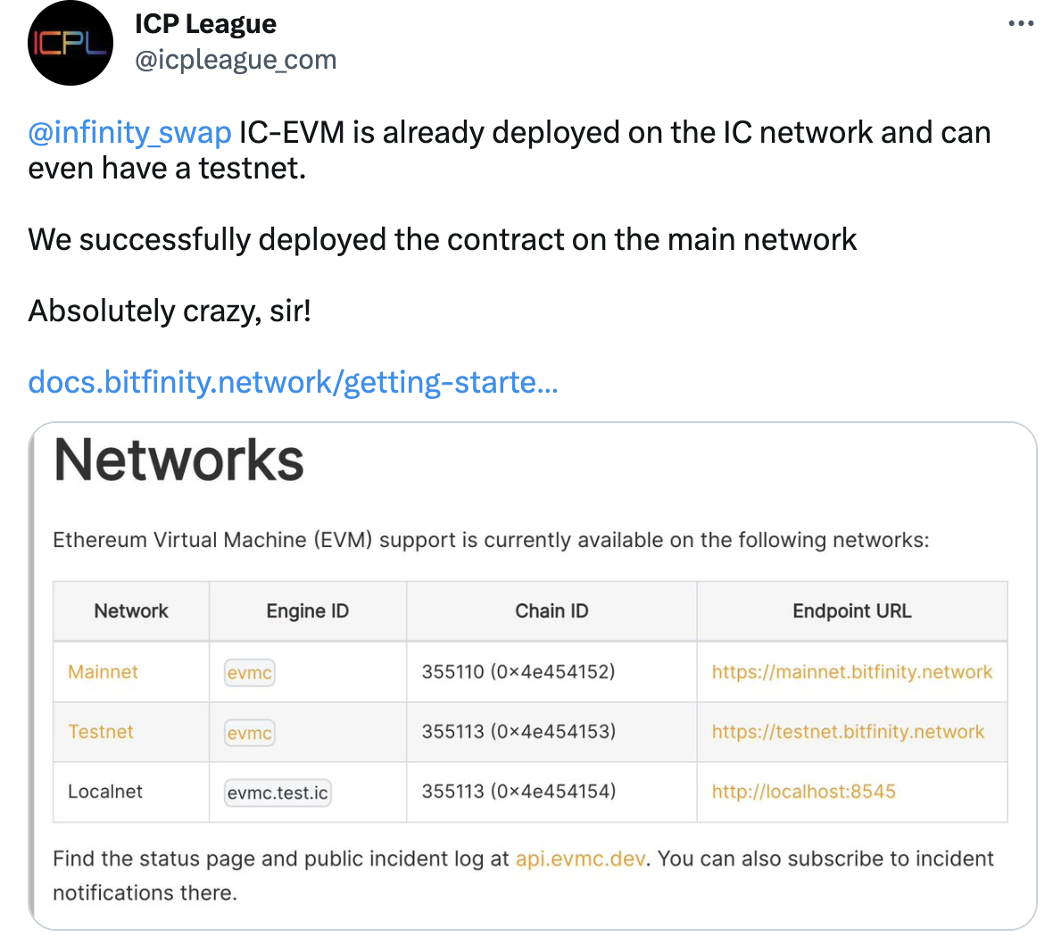 InfinitySwap推出的Bitfinity EVM已部署至IC主网
