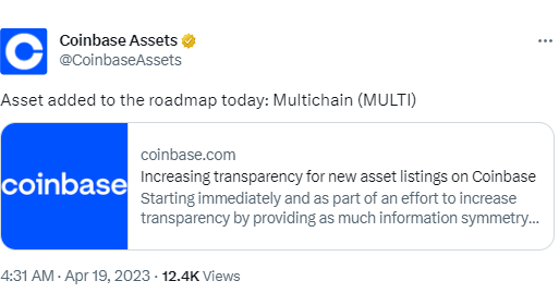 Coinbase将Multichain（MULTI）列入上币路线图