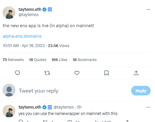 ENS主网上线新ENS App Alpha版本,支持NameWrapper