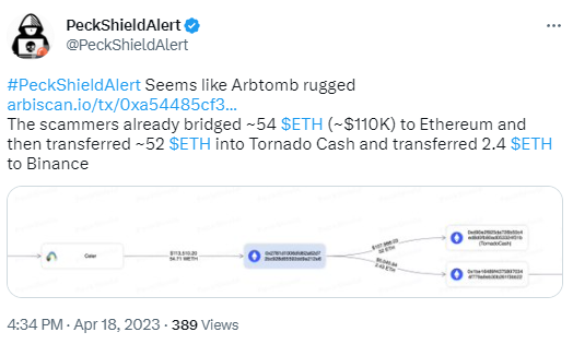 派盾：Arbtomb项目疑似Rug Pull，诈骗者已转移约54枚ETH