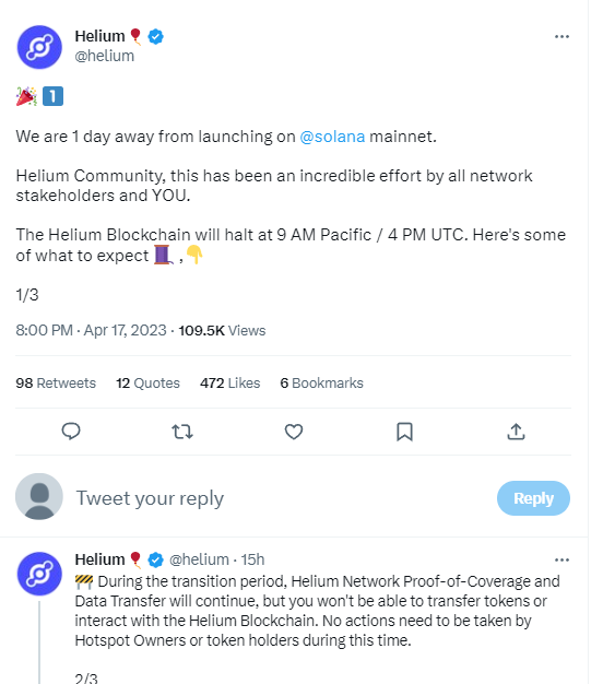 Helium將於北京時間4月19日凌晨開始向Solana網絡遷移
