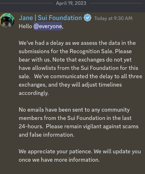 Sui基金会：代币表彰销售已推迟，请警惕虚假邮件