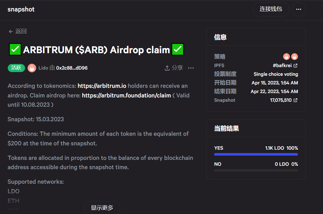 Lido社区正对“接收ARB空投代币”提案进行投票，目前支持率为100%