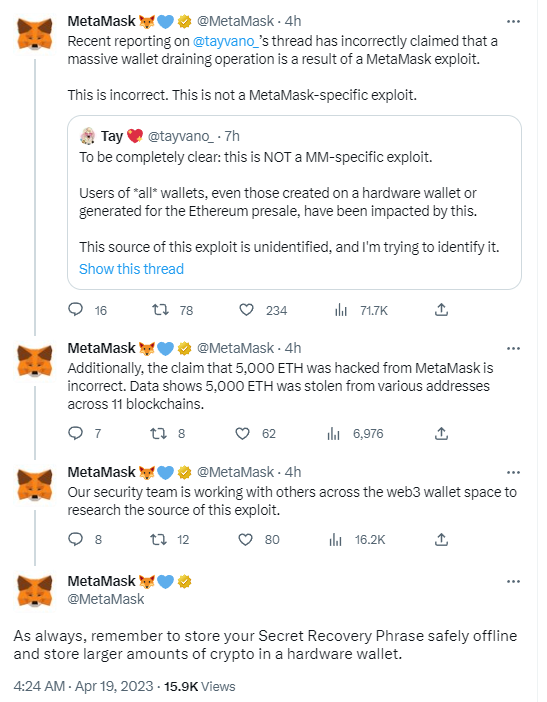 MetaMask：大规模钱包被盗并非源于MetaMask漏洞，正调查此漏洞来源