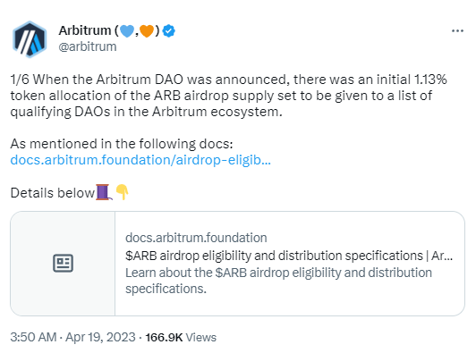 Arbitrum本周将对生态中的符合条件的DAO全面发放初始代币分配