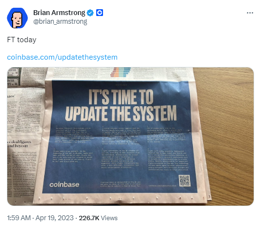 Coinbase今日在英国《金融时报》刊登广告，呼吁采用加密货币