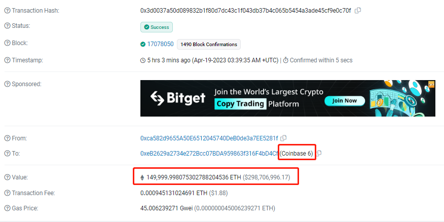 数据：链上标记为“Coinbase 6”的地址今日午间收到近30万枚ETH