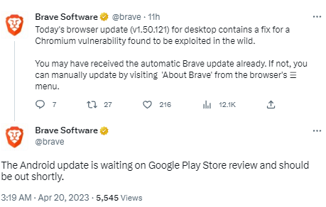 Brave浏览器桌面版本发布v1.50.121更新,含Chromium漏洞修复程序